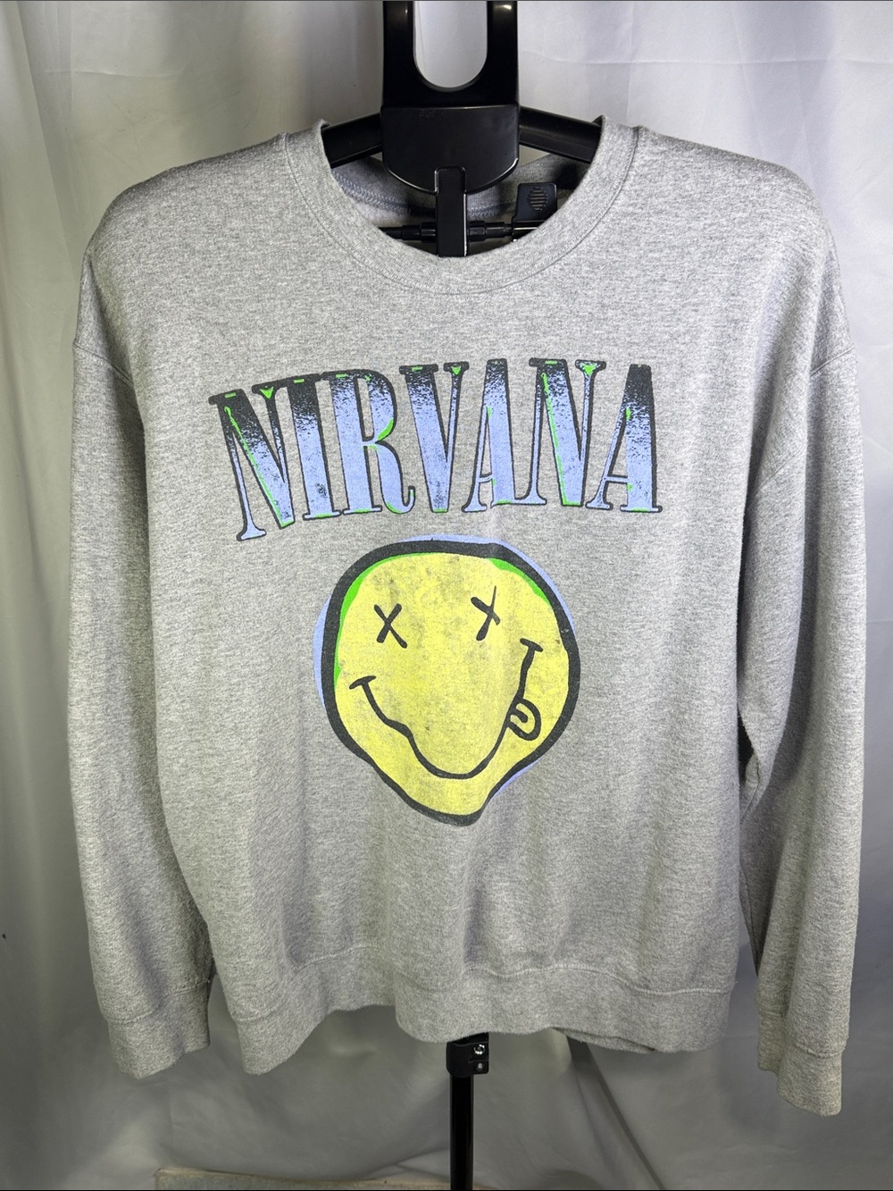 NIRVANA Gray Crewneck with Yellow Smiley and Blue Logo